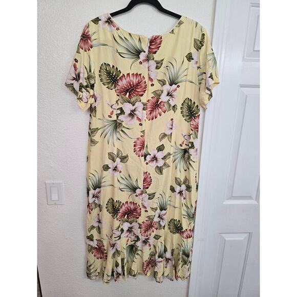 VTG Hawaiian Hibiscus Monstera Print Midi Dress 2XL Butter Yellow Ruffle Hem USA - Picture 2 of 7